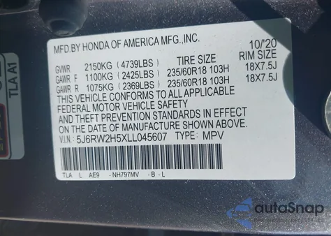 2020 Honda Cr-V Awd Ex z USA, uszkodzony, nr VIN 5J6RW2H5XLL045607